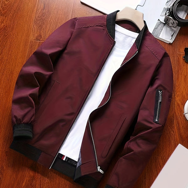 Classic Design Jacket, Men's Casual Stand Collar Solid Collar Zip Up Jacket For Spring Fall