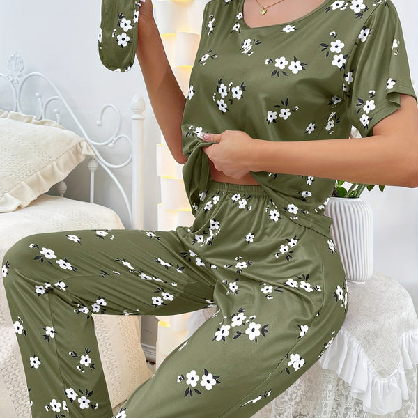 Floral Print Loose Pajamas, Short Sleeve Tee Top And Pants Pj Set, Women's Sleepwear & Loungewear