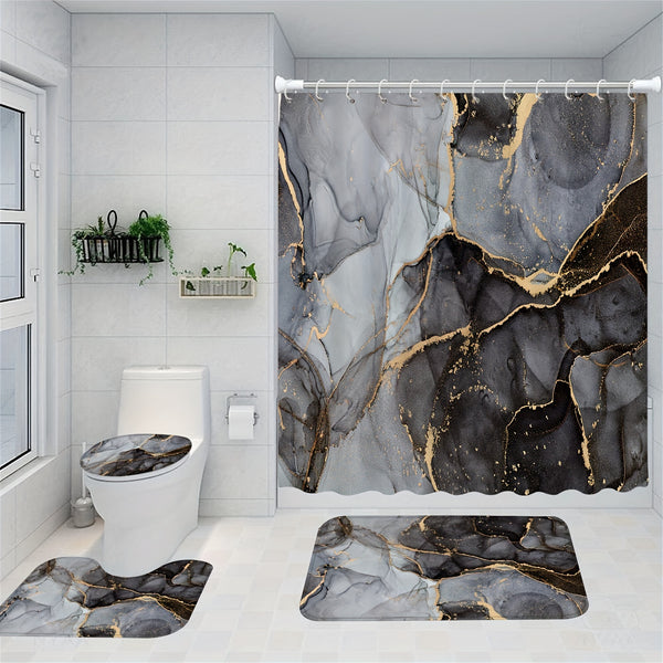 1/4pcs Marble Pattern Shower Curtain Set, Golden Textured