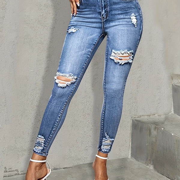 Blue Ripped Holes Skinny Jeans, Slim Fit High Stretch Distressed Tight Jeans, Women's Denim Jeans & Clothing
