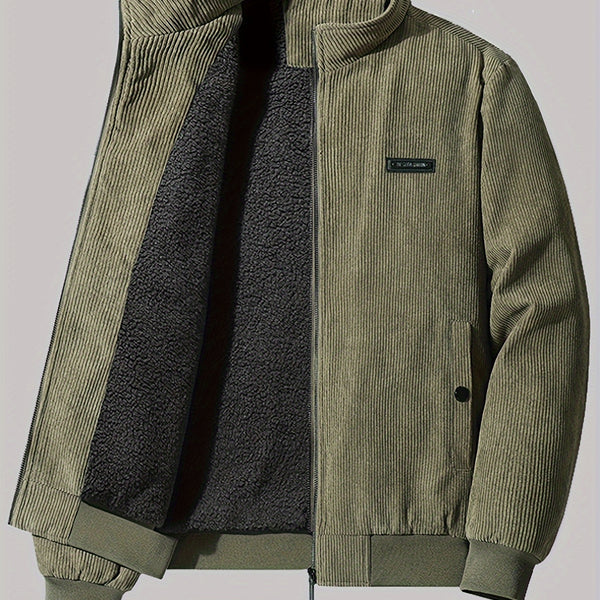 Men's Casual Warm Fleece Zip Up Jacket, Chic Bomber Jacket For Fall Winter