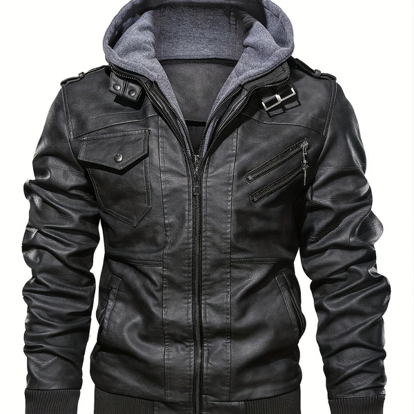 Men's Casual Hooded PU Leather Jacket, Chic Multi Pocket Biker Soft-shell Jacket