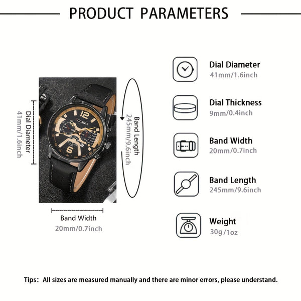 Men's PU Leather Business Casual Watch & Bracelet Set
