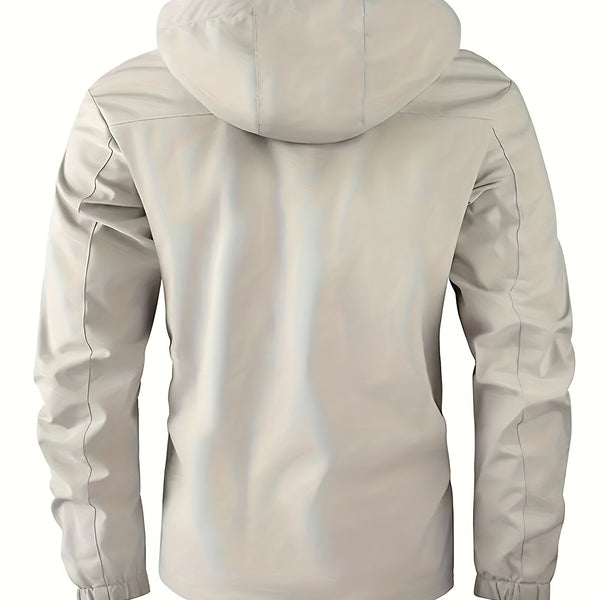 Men's Casual Flap Pocket Hooded Windbreaker Jacket, Chic Parka Jacket For Spring Fall