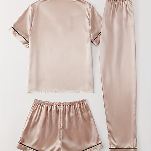 Solid Satin Pajamas Set, Short Sleeve Buttons Top & Shorts & Pants, Women's Sleepwear & Loungewear