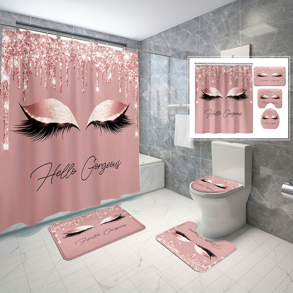 4pcs Eyelash Printed Shower Curtain Set, Pink Waterproof