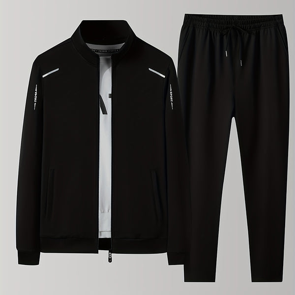 Men's Athletic Tracksuit, Solid Color Zip Up Stand Collar Jacket And Casual Loose Comfy Pants Sets