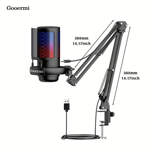 Gaming RGB Microphone, PC Podcast Recording Cardioid Computer Mic Kit for PS4/5 Gamer with Adjustable Boom Arm Stand
