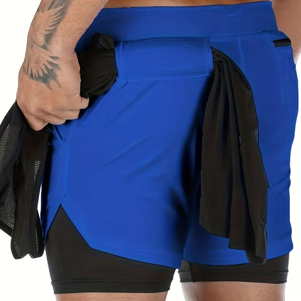 Men's Two Layers Gym Running Shorts With Pockets, Active Quick Dry Slightly Stretch Drawstring Workout Bottom Clothing
