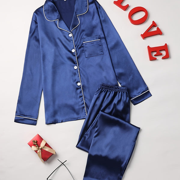 Solid Pajama Set, Long Sleeve Button Up Lapel Top & Pants Pj Set, Women's Sleepwear & Loungewear
