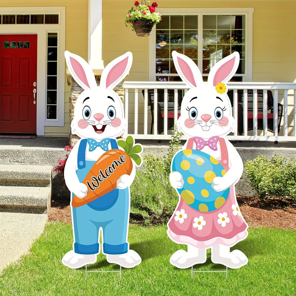 2pcs Easter Decorations Outdoor Easter Bunny And Egg Yard Signs