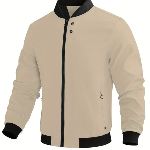 'RQ' Casual Zipper Long Sleeves Jackets, Stand Collar Pockets Windproof Slim Fit Tops For Spring Fall