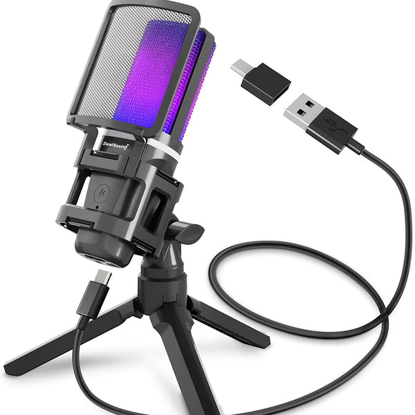 ZealSound Professional USB Microphone Gaming Condenser Mic With RGB Light For Recording Podcasting Streaming Compatible with PS5 PS4 Mac