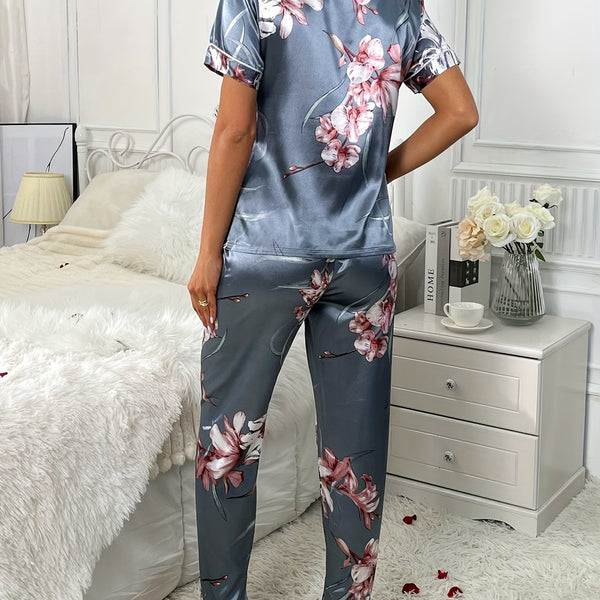 Casual Floral Print Satin Pajama Set, Short Sleeve Button Up Lapel Collar Top & Elastic Pants, Women's Sleepwear & Loungewear