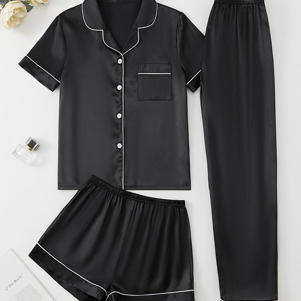 Solid Satin Pajamas Set, Short Sleeve Buttons Top & Shorts & Pants, Women's Sleepwear & Loungewear