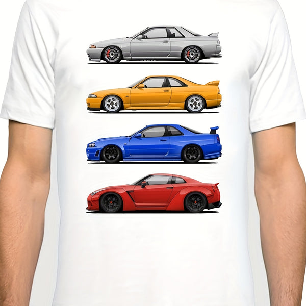 Trendy Race Car & Letter Various Pattern Print Men's Comfy T-shirt, Graphic Tee Men's Summer Clothes, Men's Outfits