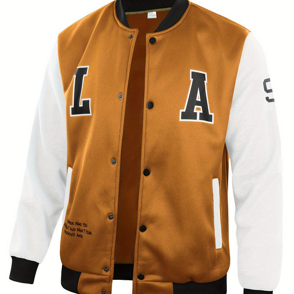 "LA" Print Color Block Varsity Jackets, Men's Casual Baseball Collar Jacket Coat For Spring Fall