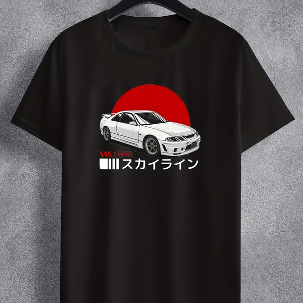 Japanese Characters & Car Print T Shirt, Tees For Men, Casual Short Sleeve Tshirt For Summer Spring Fall, Tops As Gifts