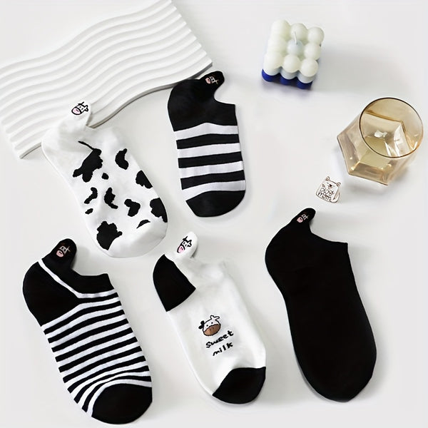 5/10 Pairs Cartoon Cow Print Socks, Comfy & Cute Ankle Socks, Women's Stockings & Hosiery