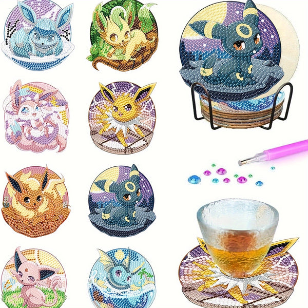 8pcs Pet Elf DIY Diamond Art Painting Coaster Set With Holder For Adults, Beginners, Also Suitable For Home And Restaurant Decoration, Holiday Gift