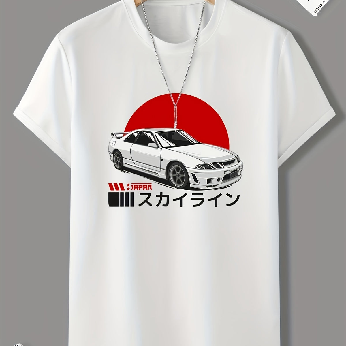 Japanese Characters & Car Print T Shirt, Tees For Men, Casual Short Sleeve Tshirt For Summer Spring Fall, Tops As Gifts