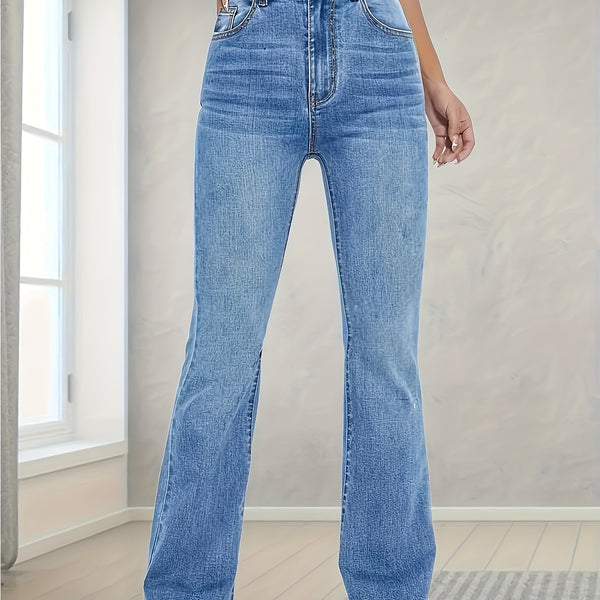 High Stretch Washed Straight Jeans, Slant Pockets High Waist Denim Pants, Women's Denim Jeans & Clothing