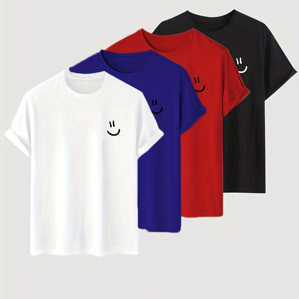 4pc/set Cartoon Smiling Face Pattern Print Men's Comfy Slightly Stretch T-shirt, Graphic Tee Men's Summer Clothes, Men's Clothing