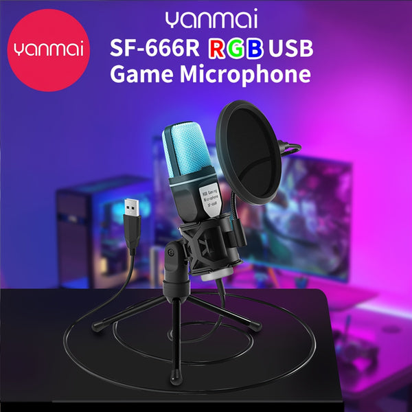 YANMAI RGB USB Condenser Microphone Cardioid Gaming Mic SF-666R With Anti-Vibration Shock Mount Pop Filter For Podcast Recording Studio Streaming Laptop Desktop PC PS4 PS5