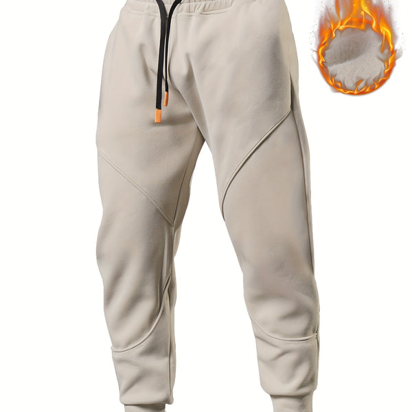 Men's Solid Color Drawstring Warm Fleece Sweatpants, Loose Casual Comfy Jogger Pants For Autumn Winter