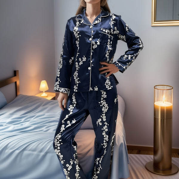 Floral Print Sleep Set, Long Sleeve Button Up Blouse Top & Elastic Waistband Pants, Women's Sleepwear & Loungewear