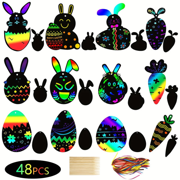 48pcs Easter Crafts Kit Rainbow Scratch Easter Ornaments Magic Scratch Off Cards Easter Hanging Art Crafts Easter Egg Fillers Party Favors Classroom Project Decorations Fun DIY Activity